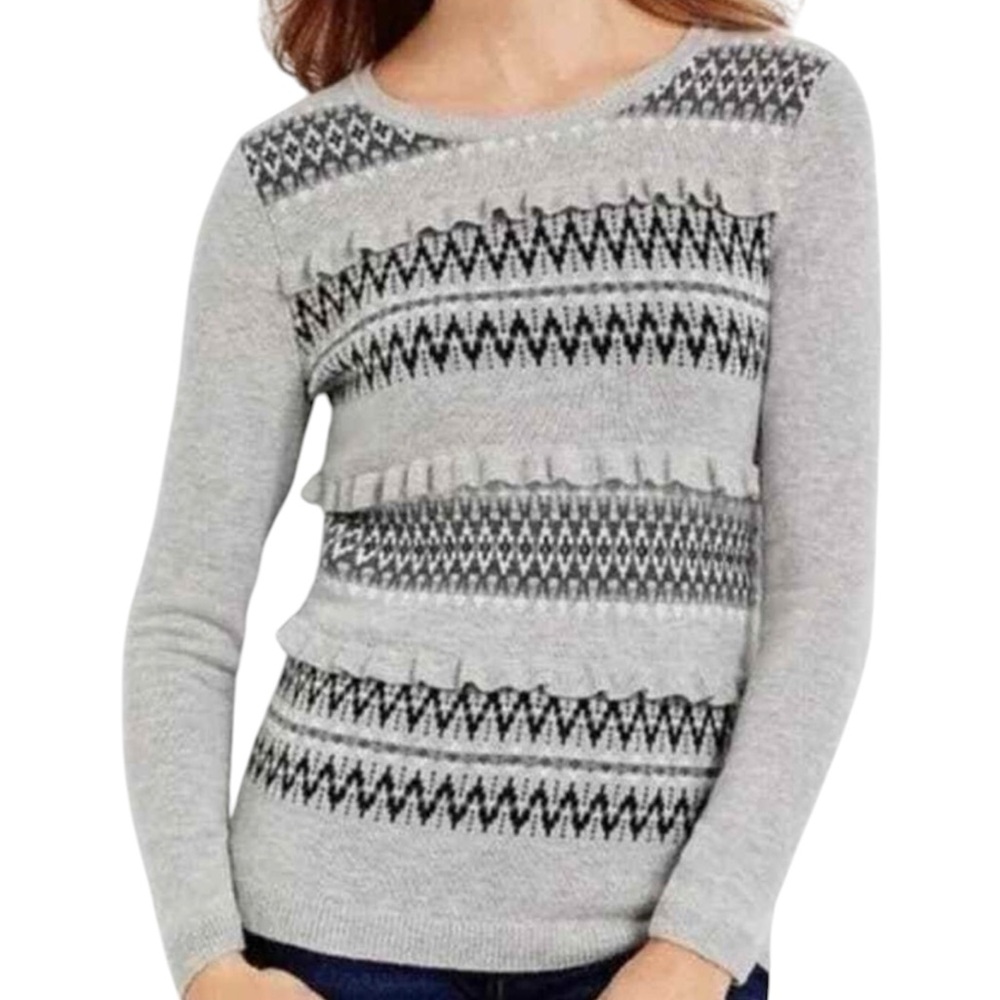 Talbots Lambswool Sweater Gray Ruffle Fair Isle Nordic Crew Pullover Wool Sz XL